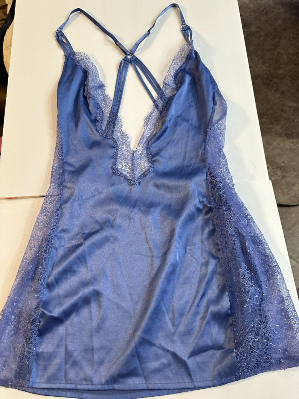 Victoria’s Secret Blue Satin & Lace Slip Dress with Sexy Strappy Back